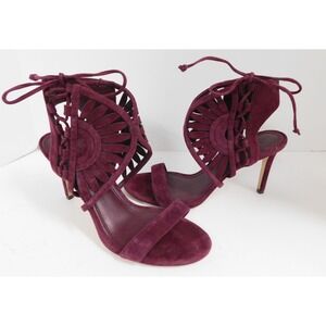 Tory Burch Leyla Open Toe Sandals Heels Burgundy Suede Leather Laser Cut‎ sz 7